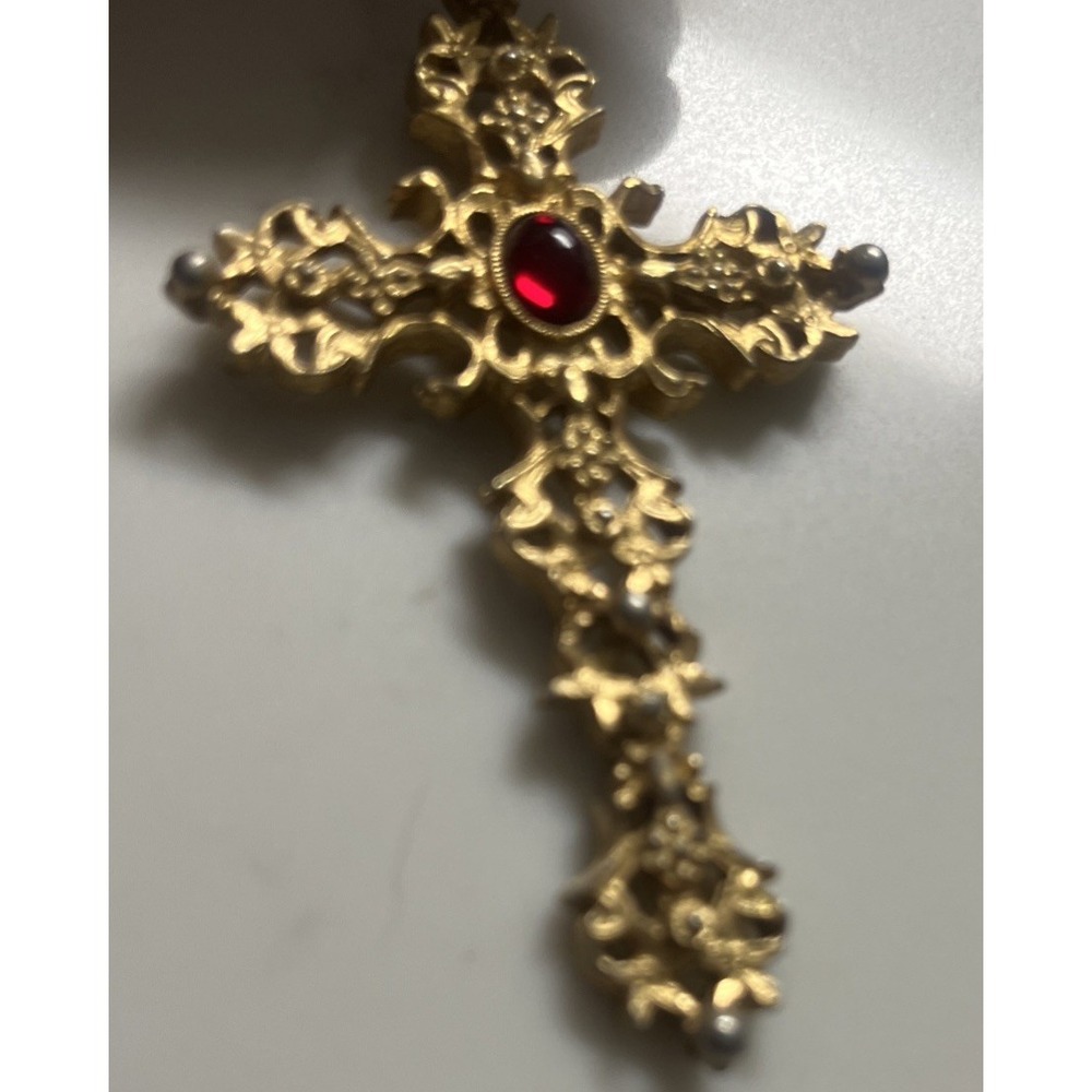 Vintage Monet Chain w/ Avon Abbey Statement Cross Pendant Red Cabochon Gold Tone